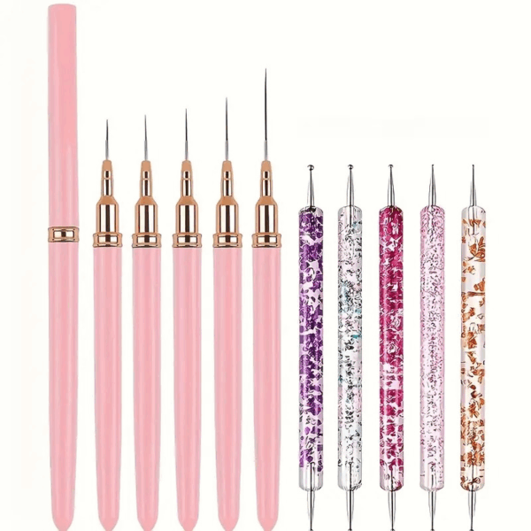 10pcs Nail Art Set - Nail Art Liner Brushes, Double-Ended Dotting Pen